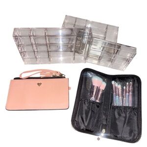 Clear Acrylic Organizer Set with Pink Wristlet & Glitter Brush Case
